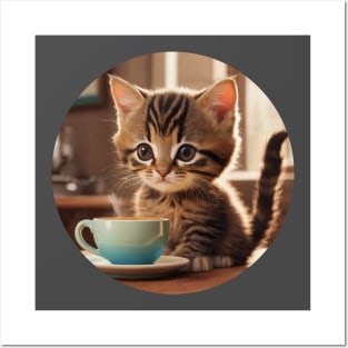 Cute Stripey Kitten With a Cup of Coffee Posters and Art